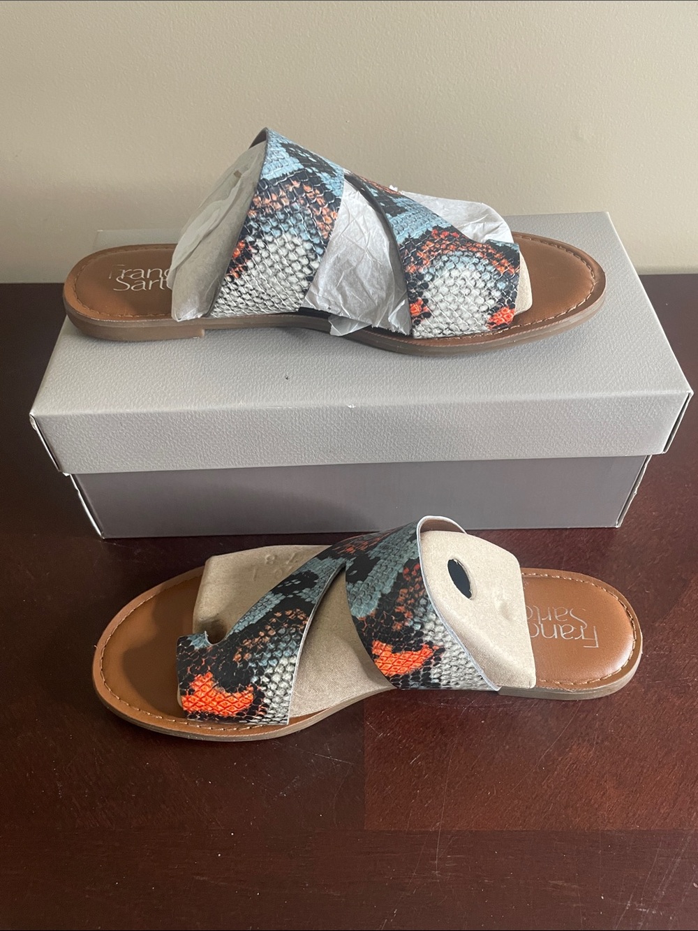 Franco Sarto Blue and Orange Snake-Print Crisscross Slide Sandals